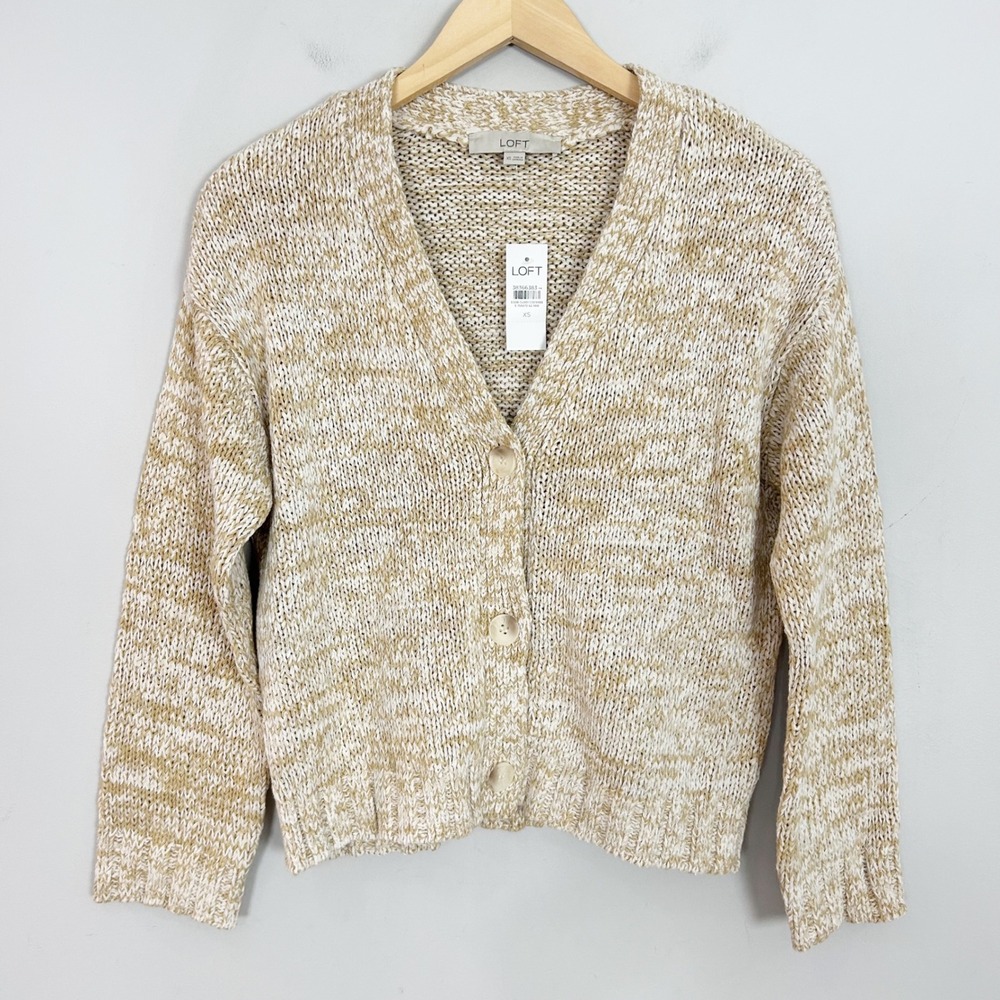 New LOFT Cardigan Sweater Tan White Marled Knit Fall Classic Size XS Women's